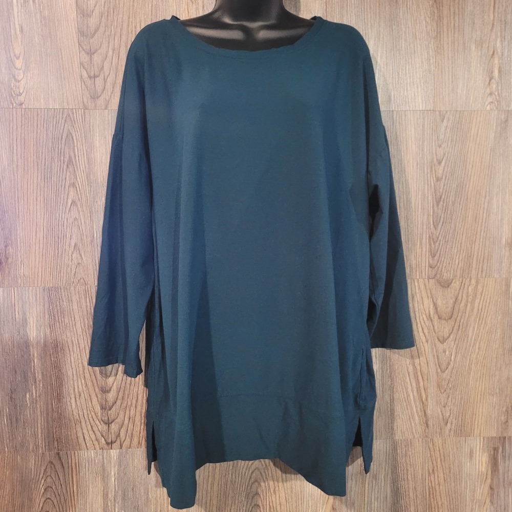 Eileen Fisher Teal Blue Tunic Oversize XL 3/4 Slv Viscose Blend Lightly Textured
